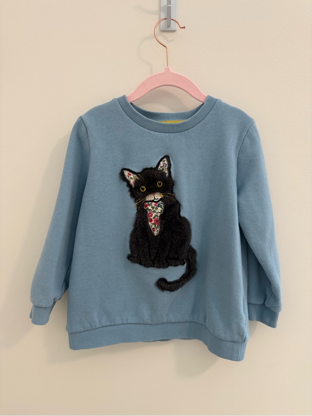 Mini Boden Girls Blue Sweatshirt with Black Cat Applique Size 5/6
